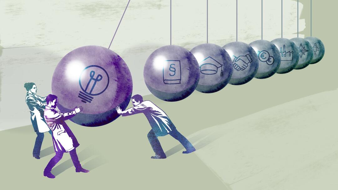 Illustration: Irene Sackmann Illustration: Wissenschaftler stoßen ein Pendel an als Symbol für den Transferprozess von der Forschung in die Anwendung
